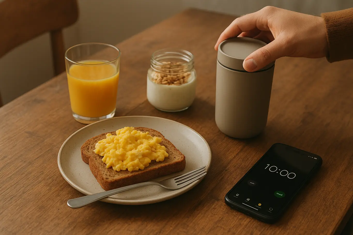 Mesa de cozinha com opções de café da manhã prático e mão fechando copo térmico