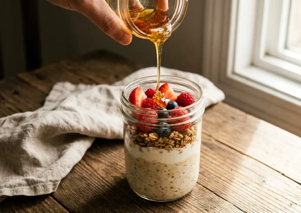 Pote de overnight oats com frutas e mel, close-up editorial