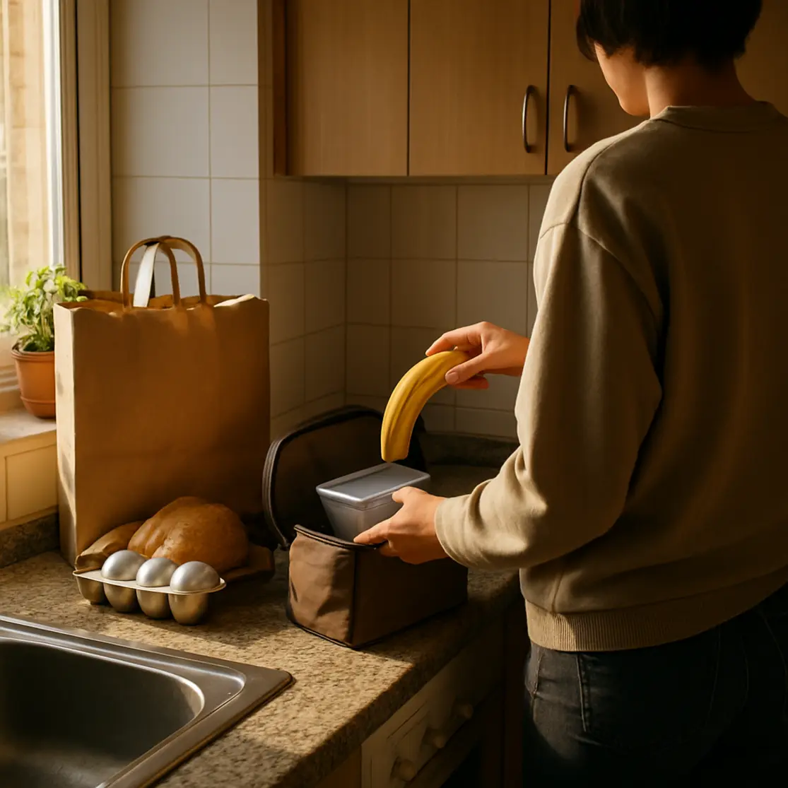 Cozinha compacta ao amanhecer com pessoa de costas preparando marmita