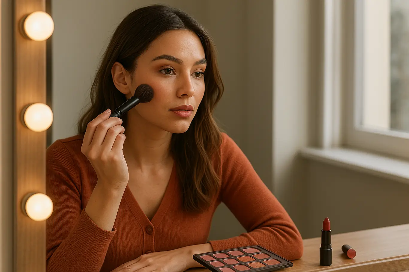 Plano médio de modelo aplicando blush diante de espelho, rotina rápida de maquiagem