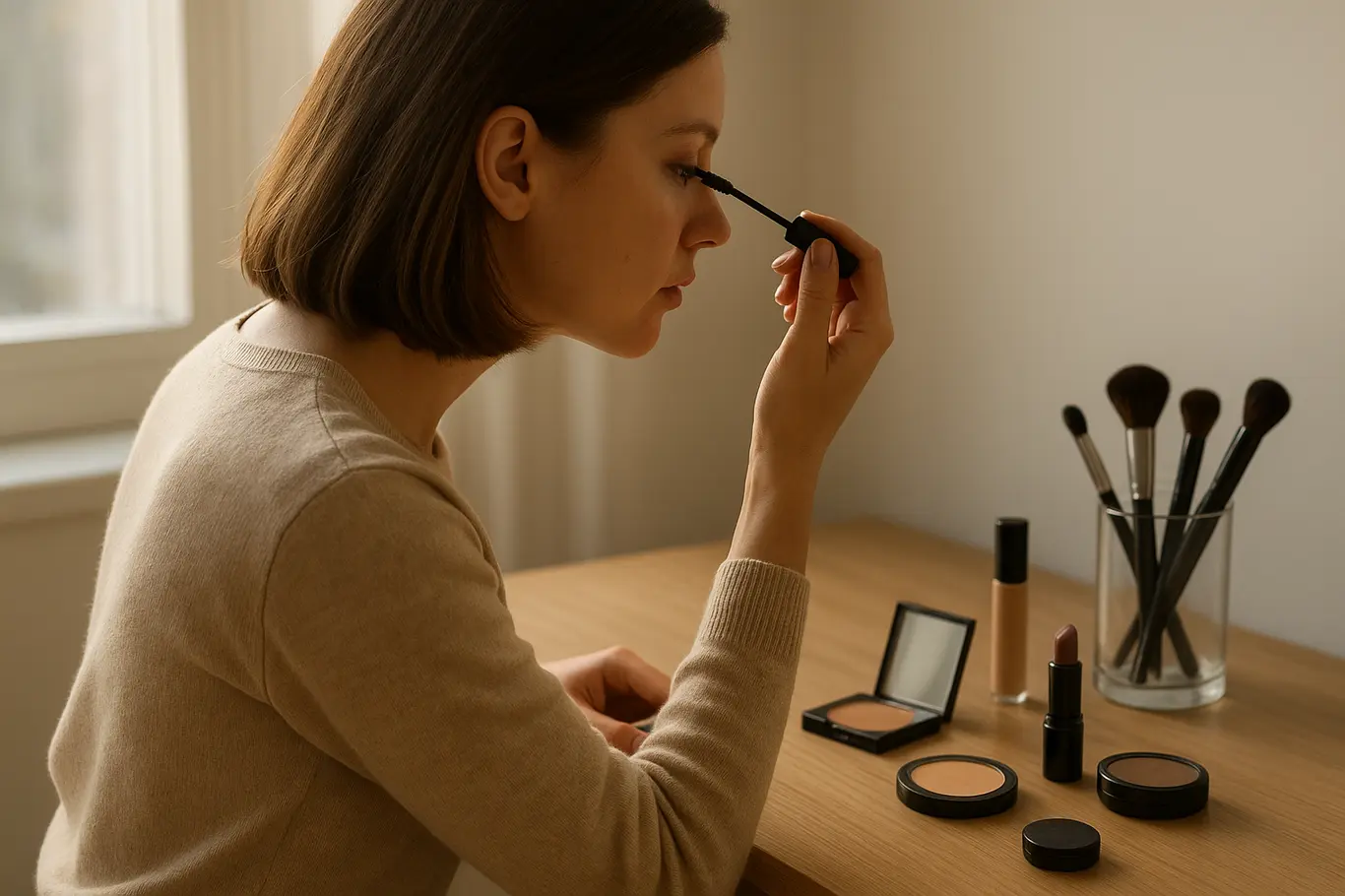 Plano médio de mulher em 3/4 aplicando rímel no balcão de maquiagem com produtos organizados