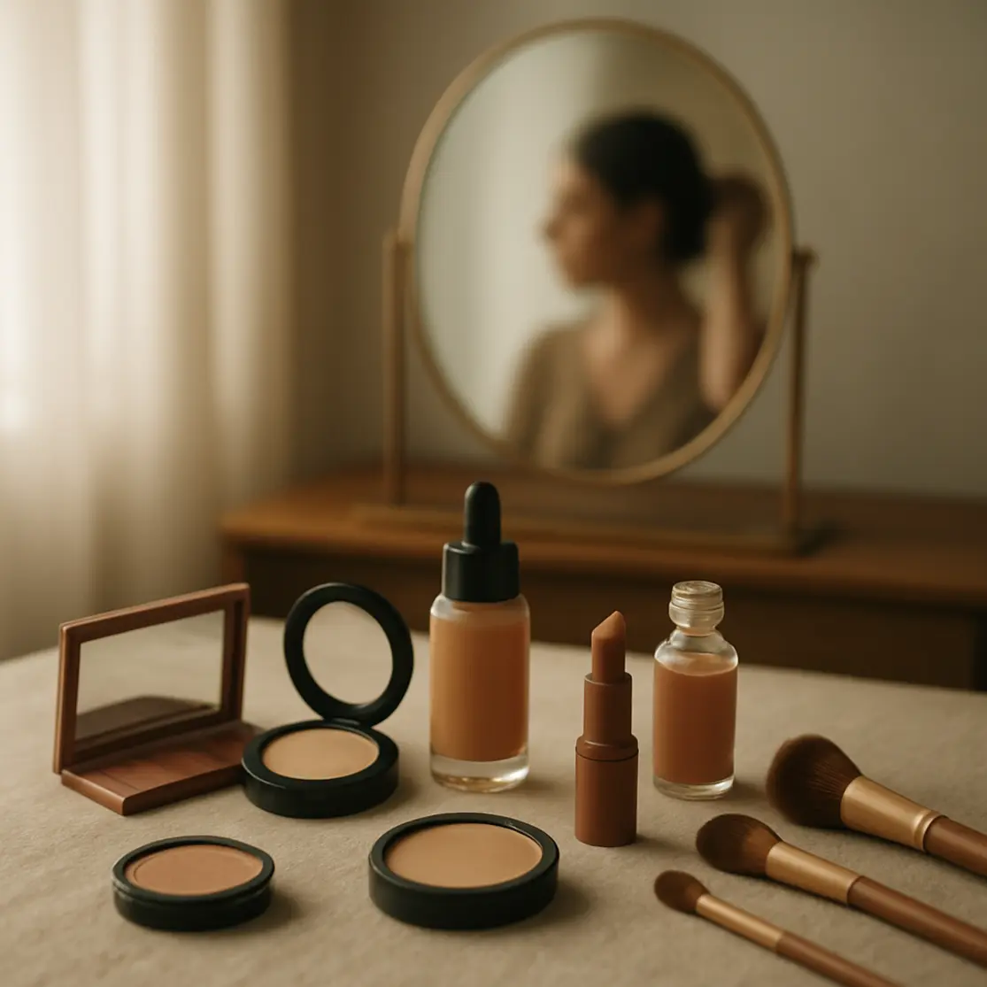 Vanity com oito produtos essenciais dispostos em tecido neutro, reflexo de mulher em perfil no espelho