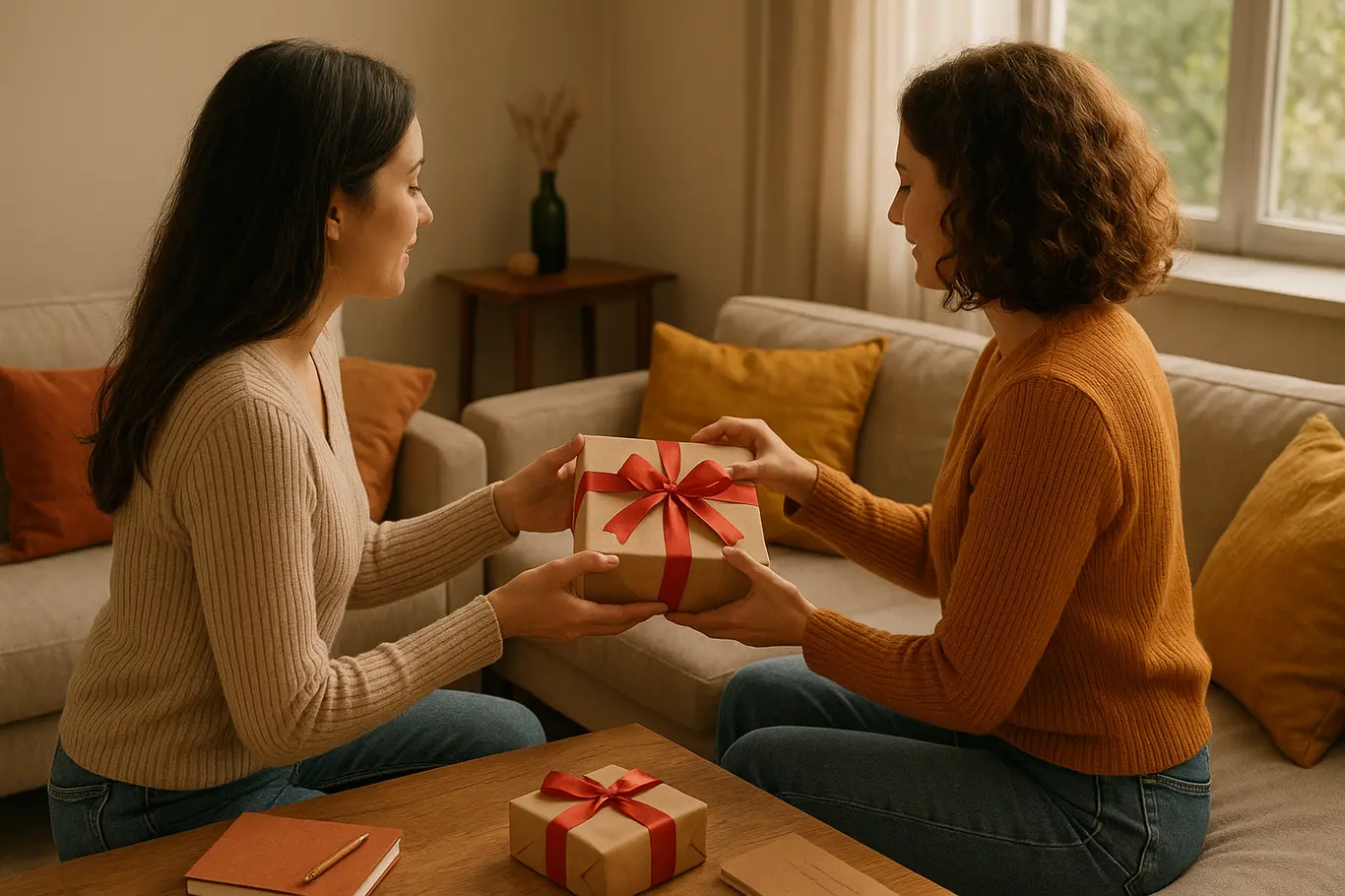 Duas amigas de perfil em sala acolhedora trocando presentes, almofadas e embalagens ao redor
