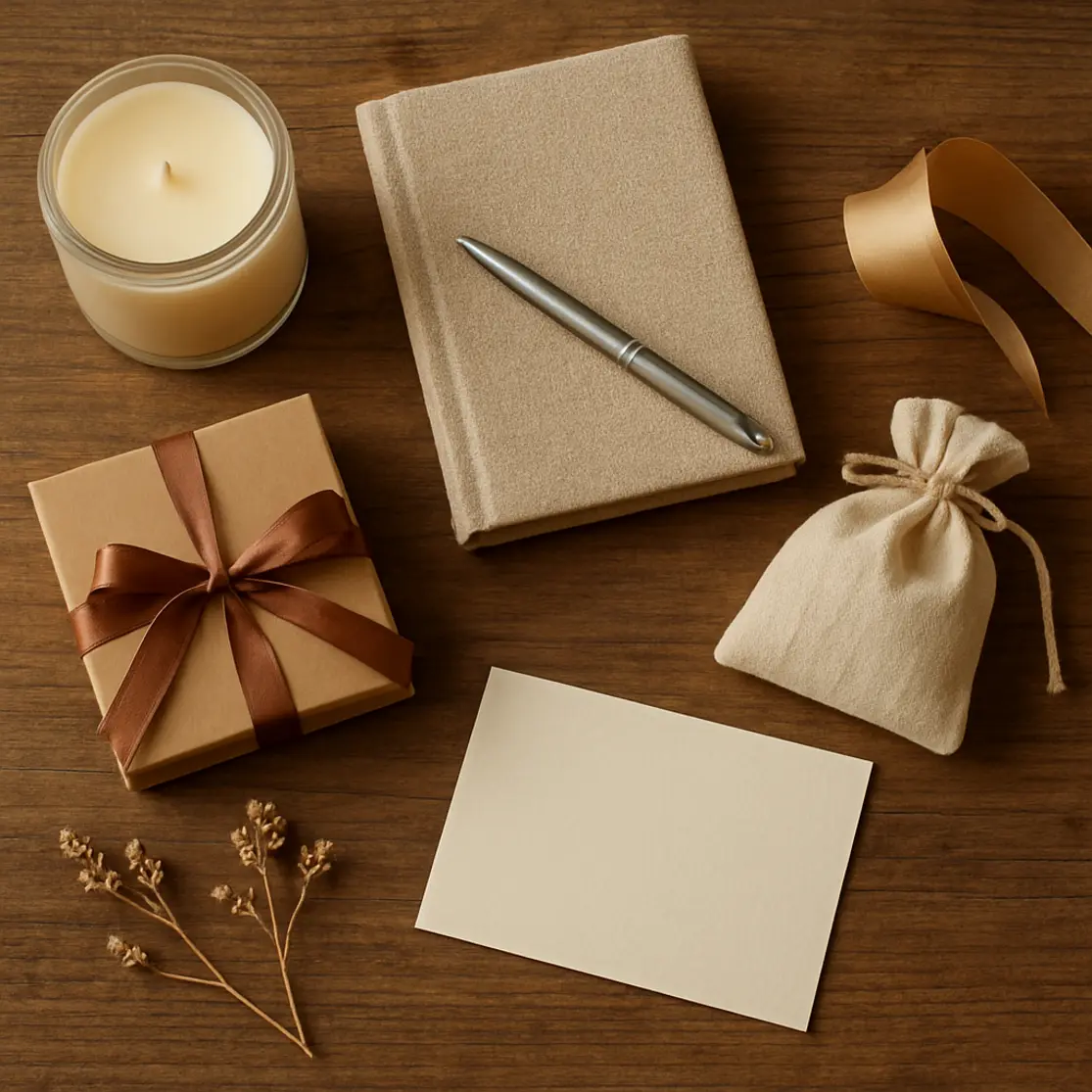 Flatlay de itens de presente sobre mesa de madeira: vela, caderno, caixa de joia e fita