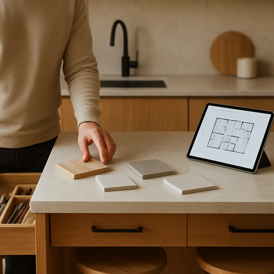 Detalhe de bancada península com amostras de materiais e tablet com planta baixa