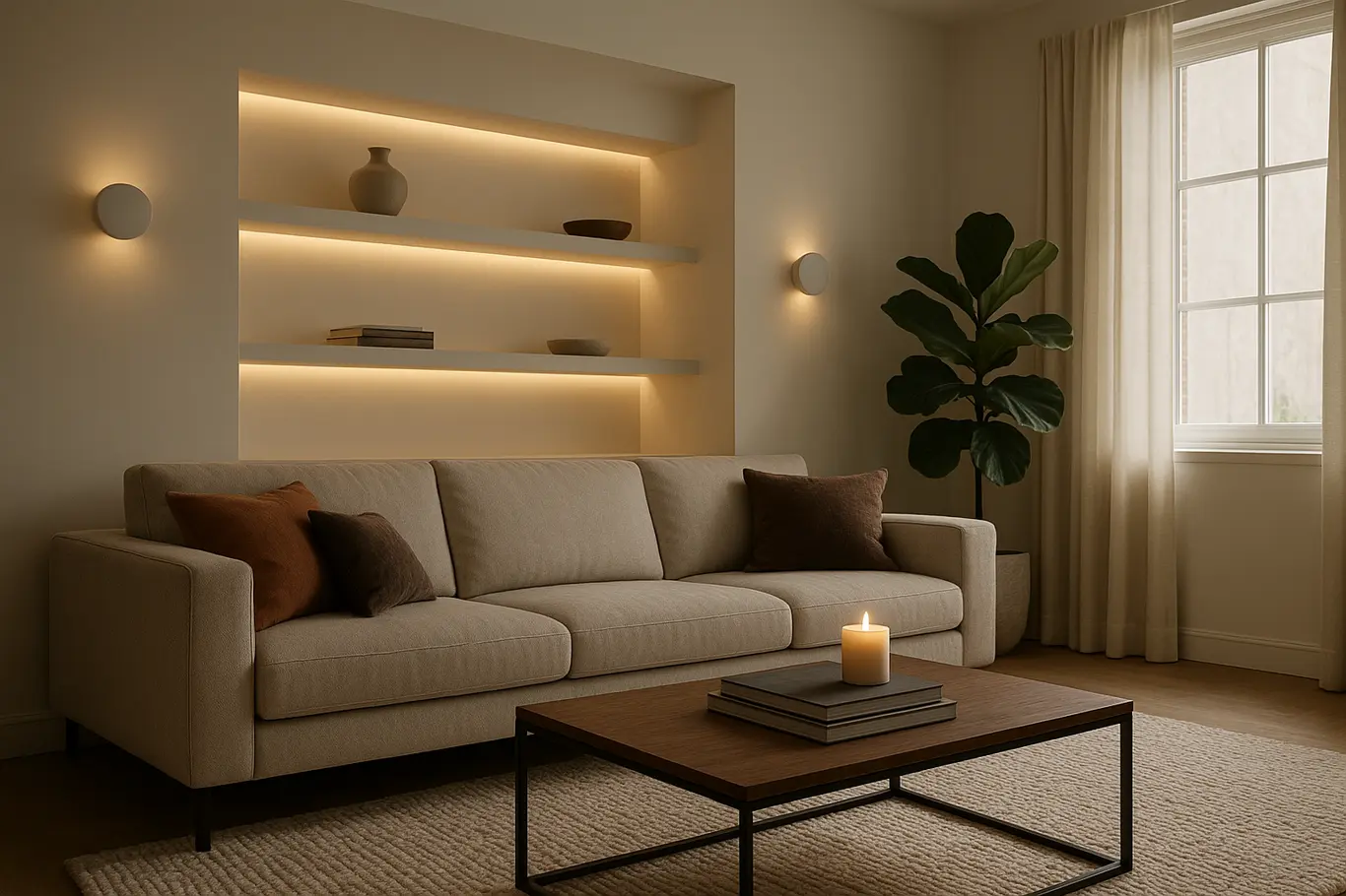 Vista média de sala com nichos iluminados, sofá e mesa de centro