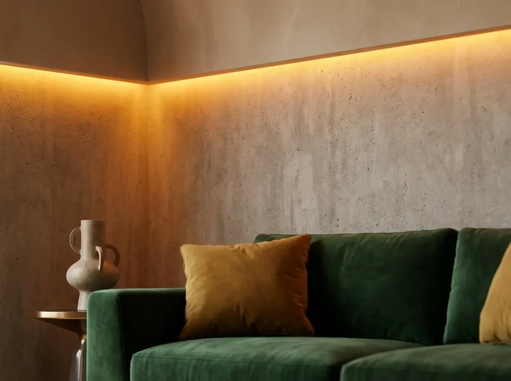 Canto de sala elegante com iluminação indireta em faixa de LED e sofá em veludo verde