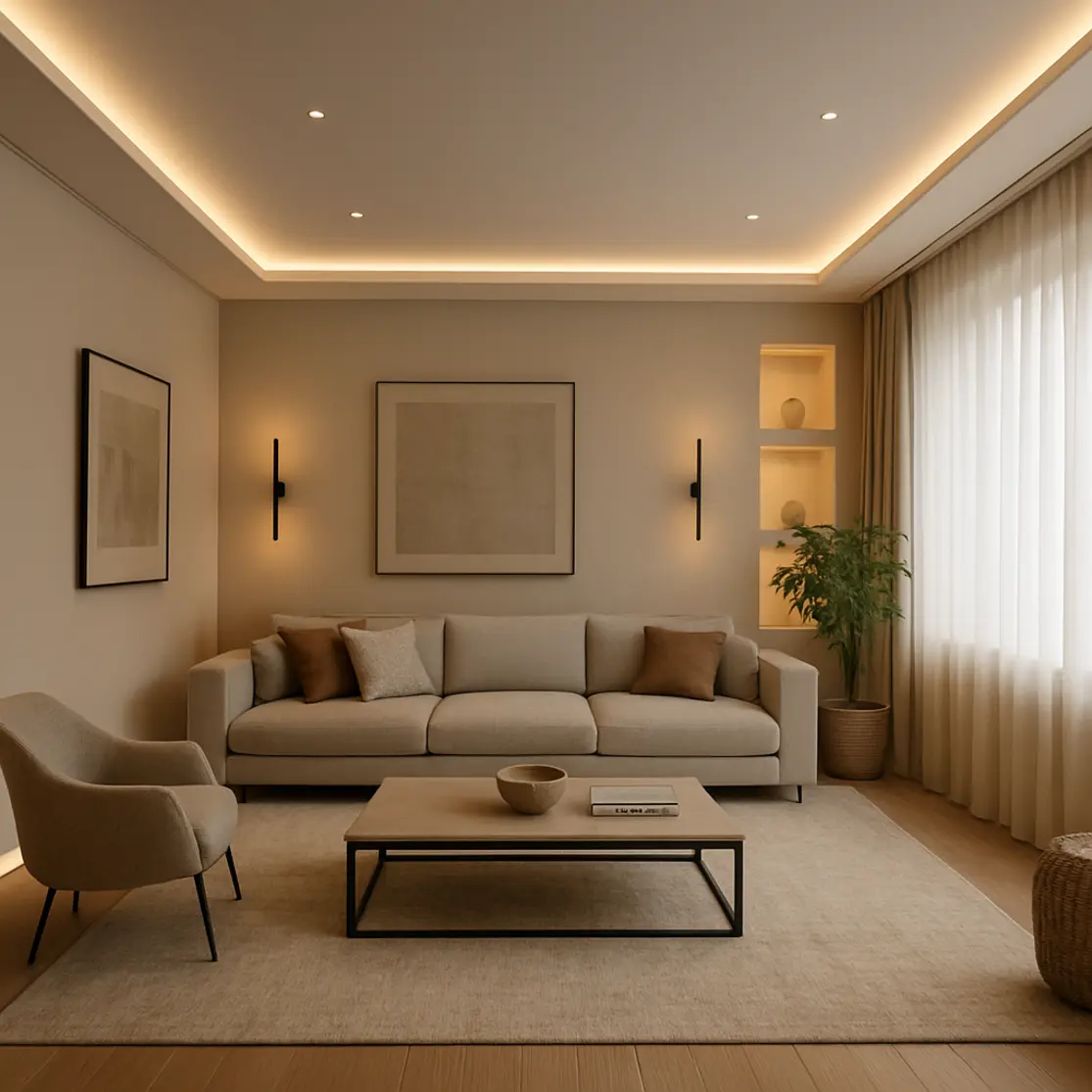 Sala ampla com sancas de teto, iluminação de rodapé e luz natural suave