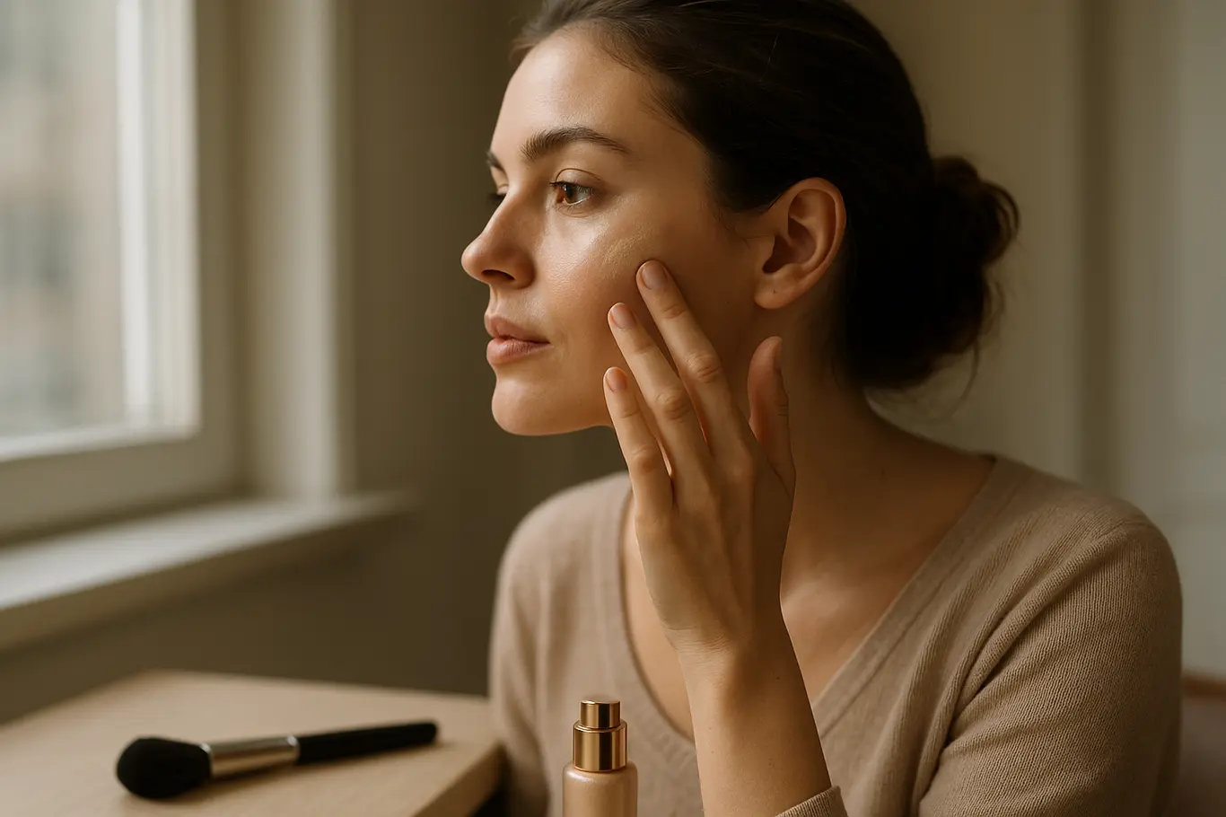 Perfil 3/4 de mulher aplicando iluminador com os dedos perto da janela
