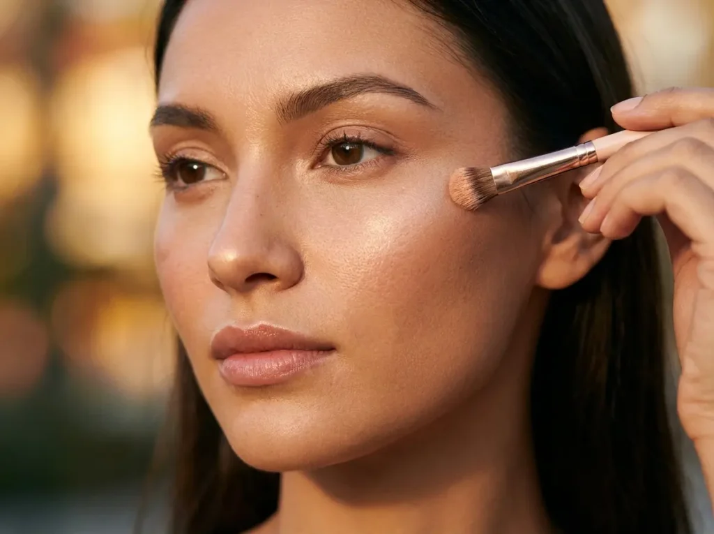 Como Usar Iluminador no Rosto: 8 Dicas para Glow Natural Mulher em 3/4 aplicando iluminador nas maçãs do rosto com pincel