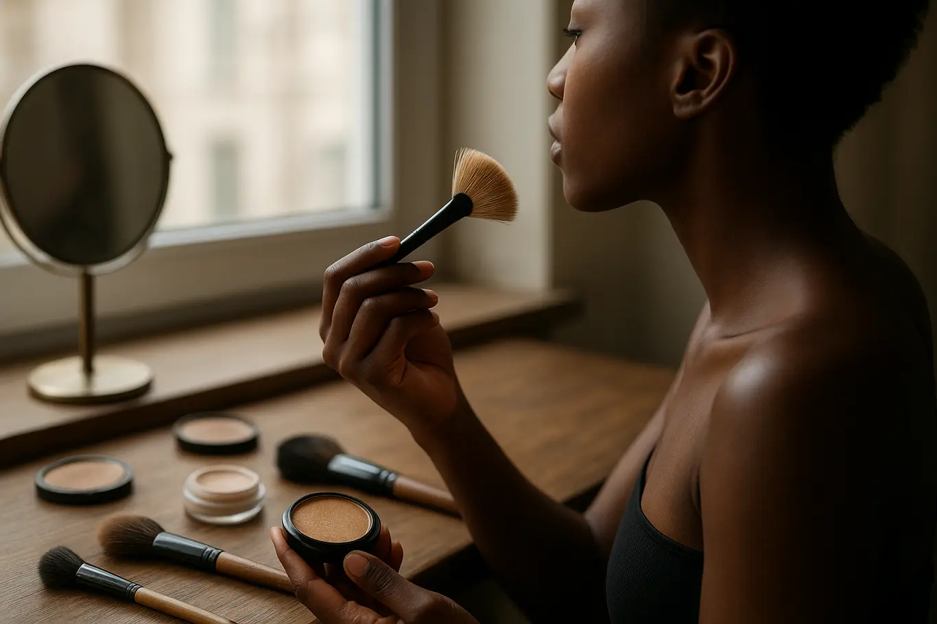 Detalhe de mãos aplicando iluminador dourado no rosto de mulher negra junto a uma penteadeira com produtos, iluminação de janela suave.