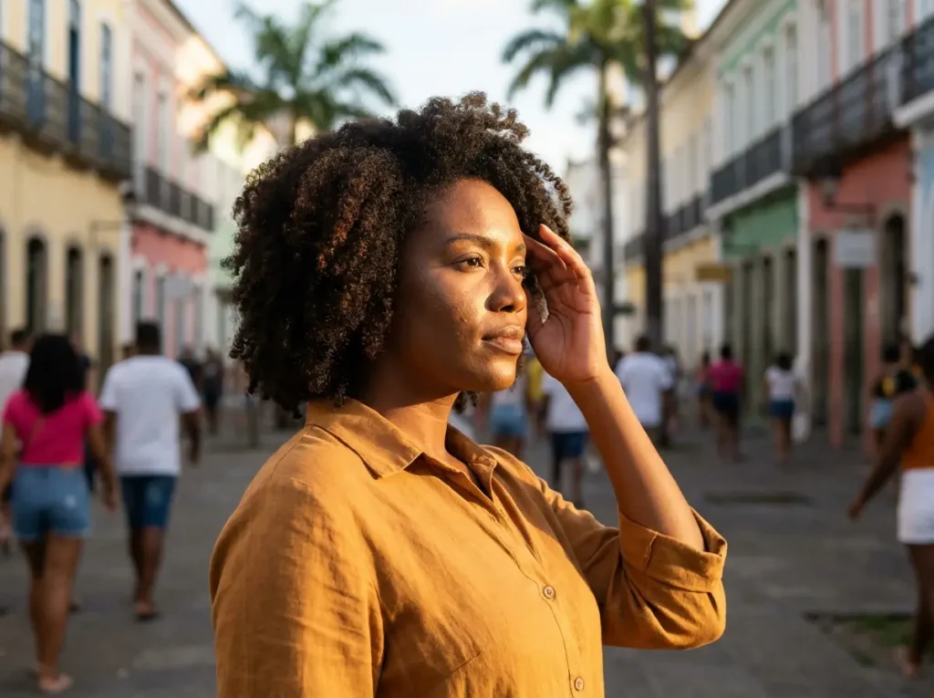 Mulher negra cintura para cima ao ar livre com iluminador dourado no osso da bochecha, rosto parcialmente virado, cabelo em movimento.