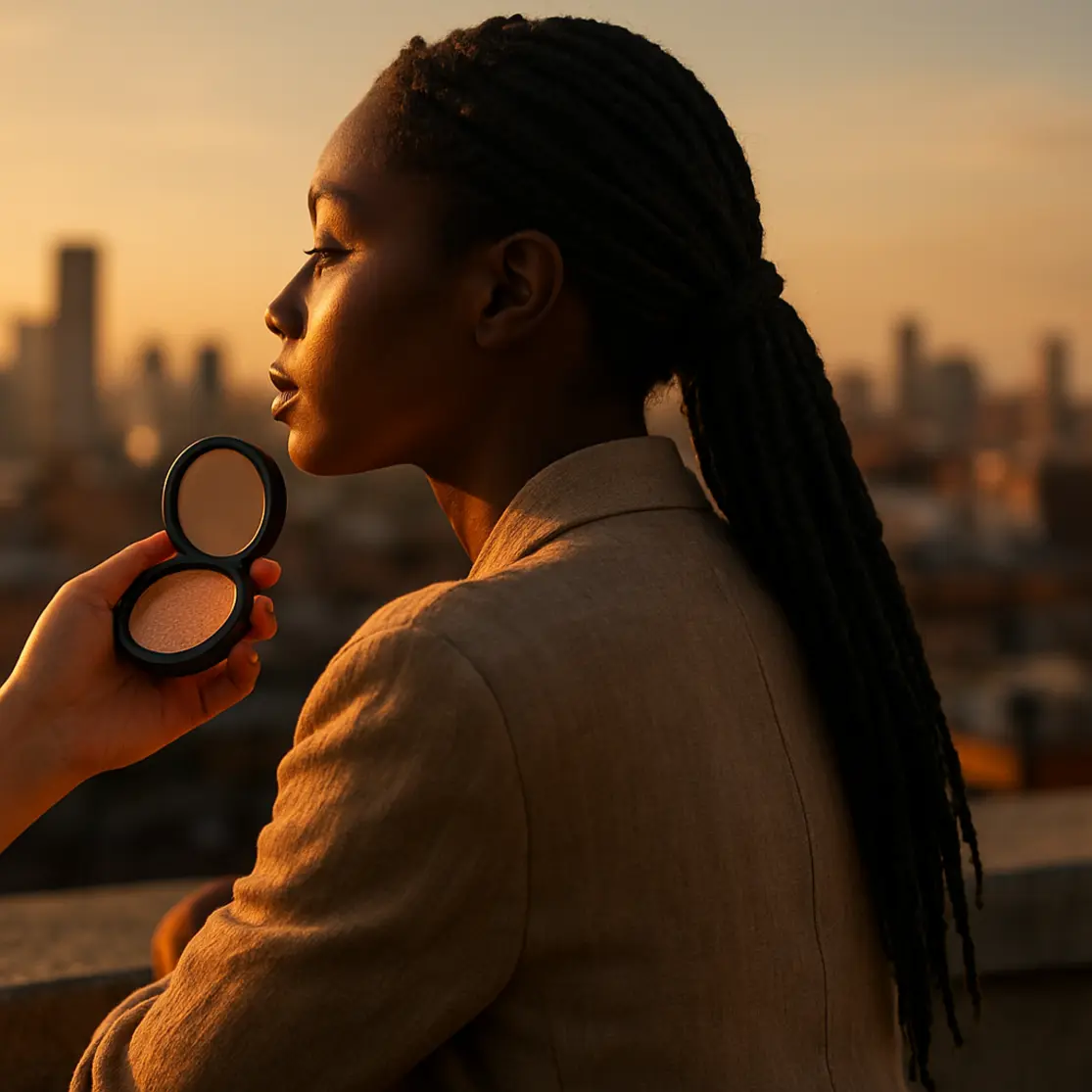 Mulher negra de meio corpo em telhado ao pôr do sol, mão de maquiador segurando iluminador dourado próximo à bochecha, rosto parcialmente oculto.