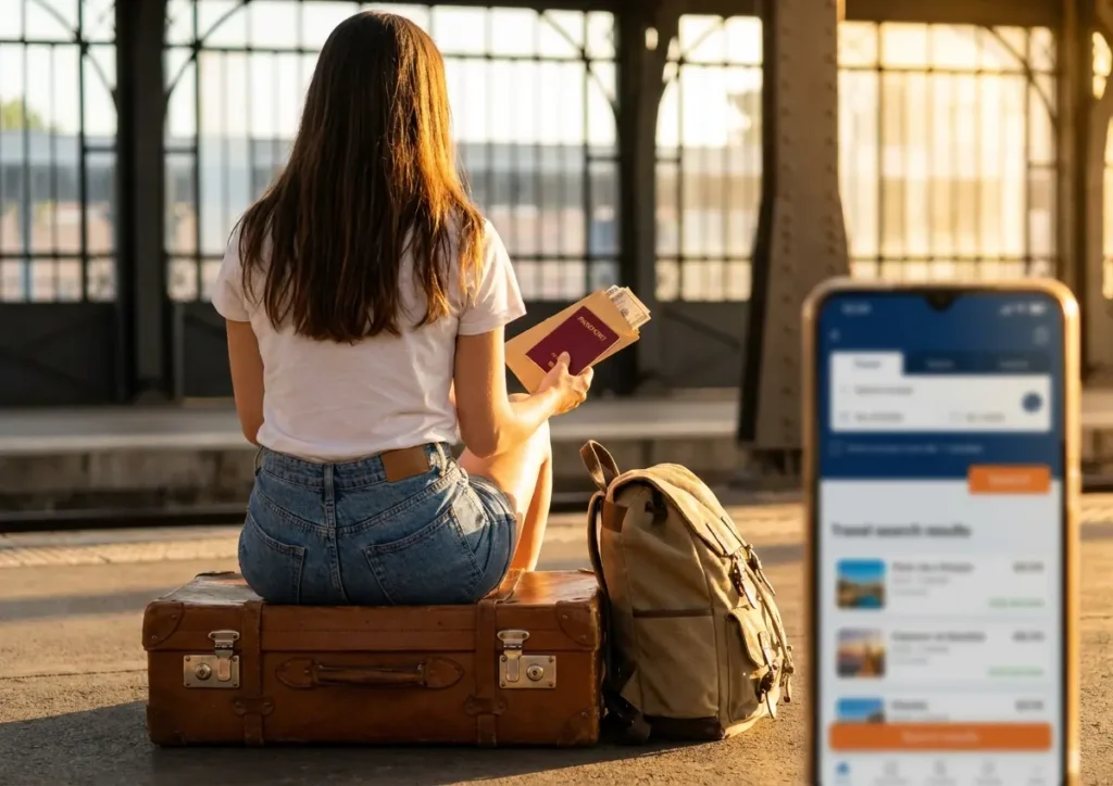 Estudante de costas sentada sobre mala em estação de trem com passaporte e envelope de dinheiro ao entardecer