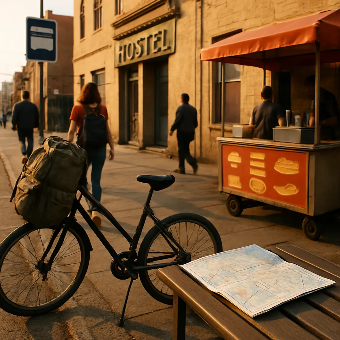 Rua em frente a albergue com bicicleta, mochila, mapa e barraca de comida de rua ao entardecer