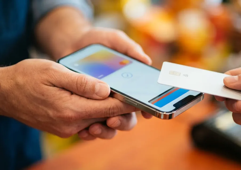 Como fazer iPhone virar maquininha de cartão: opções e custos Close-up de mãos usando iPhone como maquininha com cartão próximo à tela