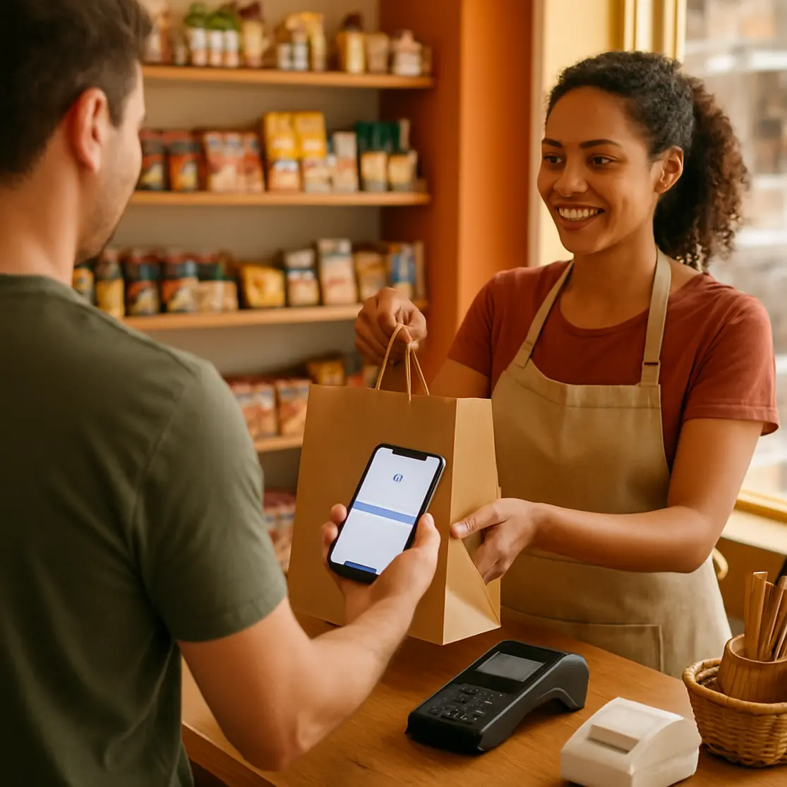 Plano aberto de microempresa com cliente recebendo compra enquanto iPhone processa pagamento no balcão