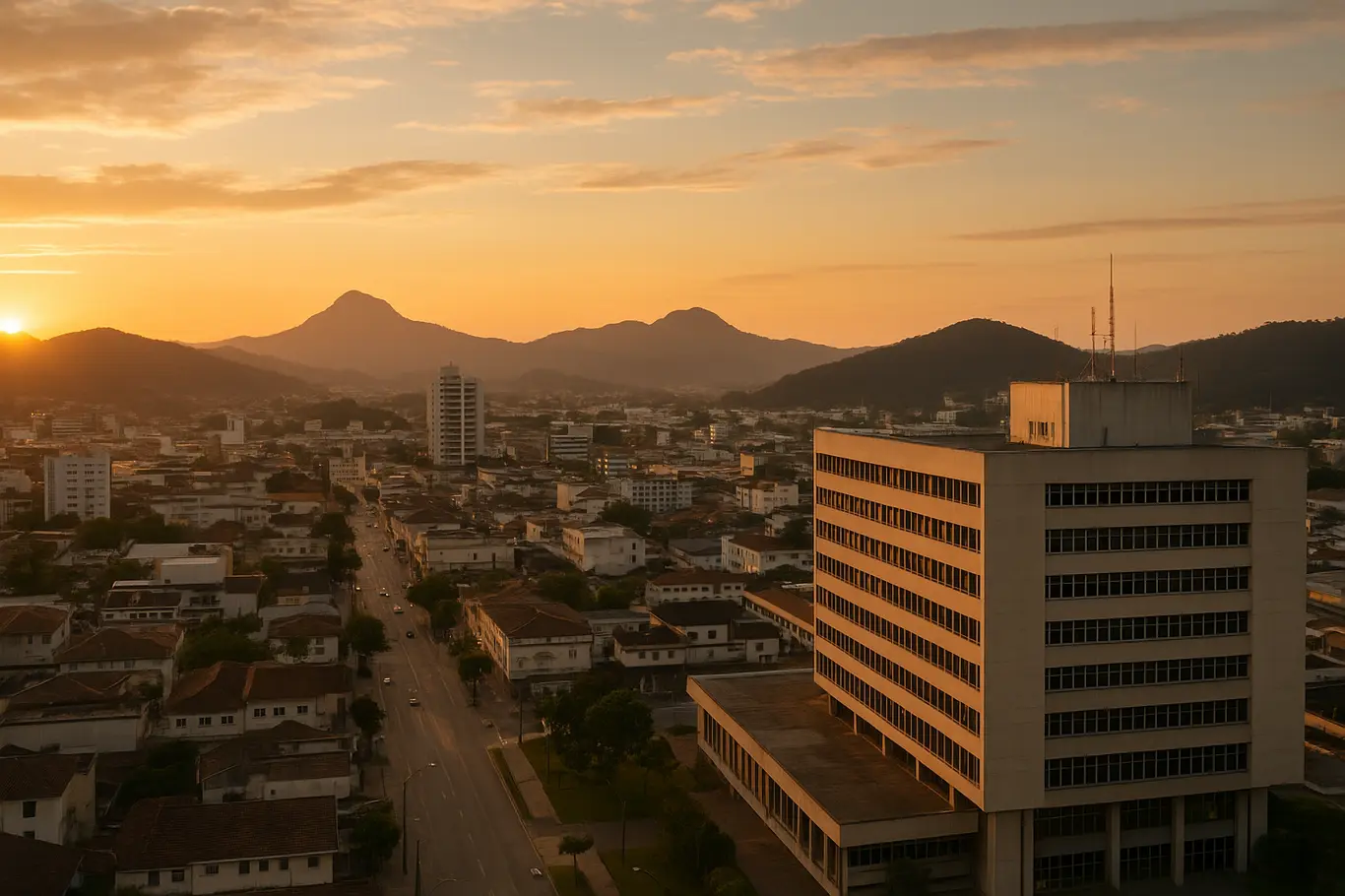 Panorama da cidade de Jaraguá do Sul com prédios públicos ao entardecer