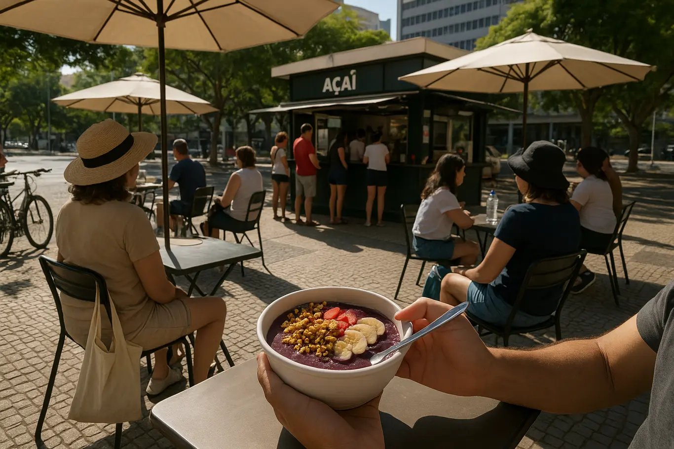 Tigela de açaí com granola e frutas em mesa ao ar livre