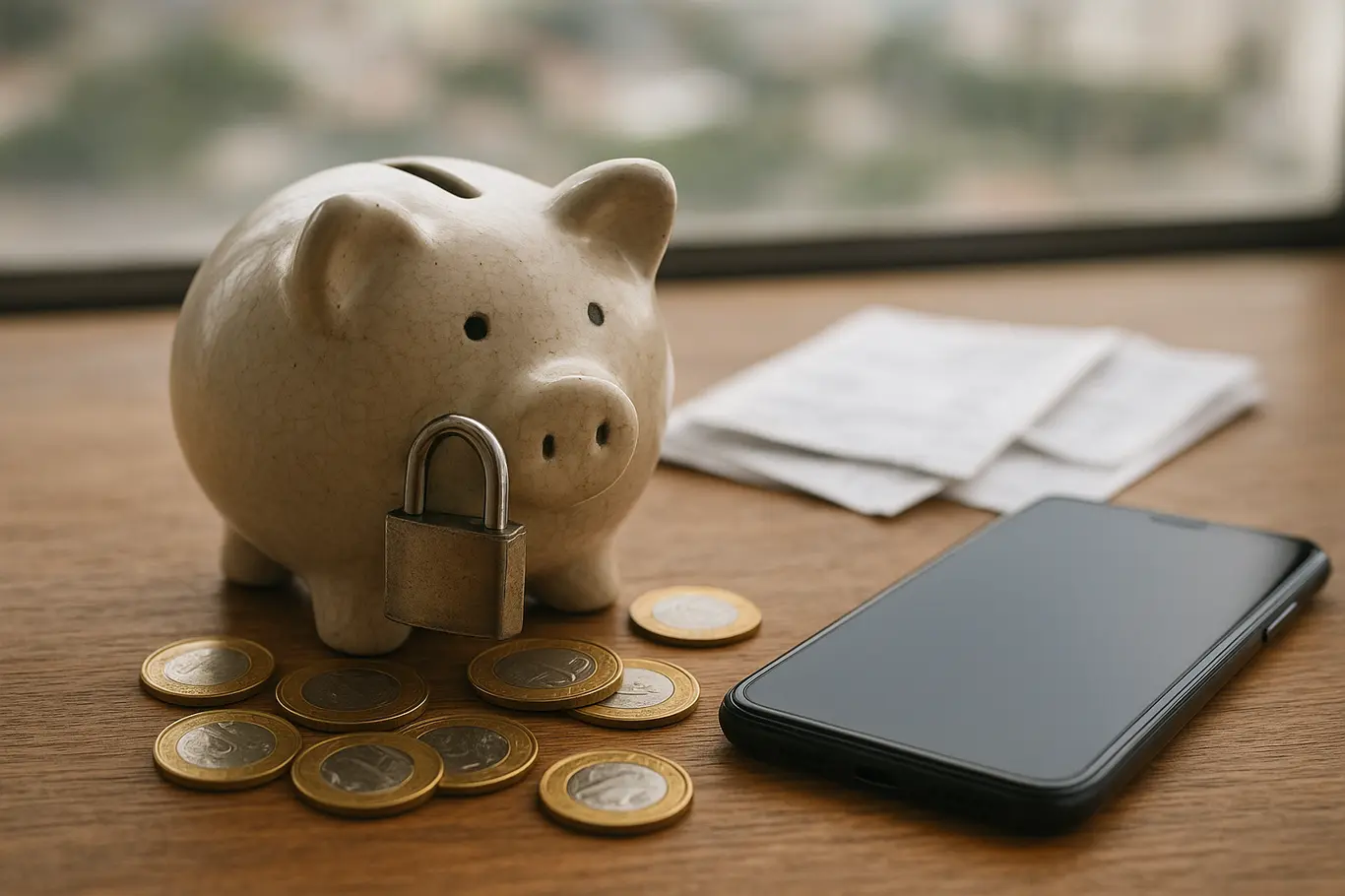 Cofrinho com cadeado, moedas e smartphone sobre mesa