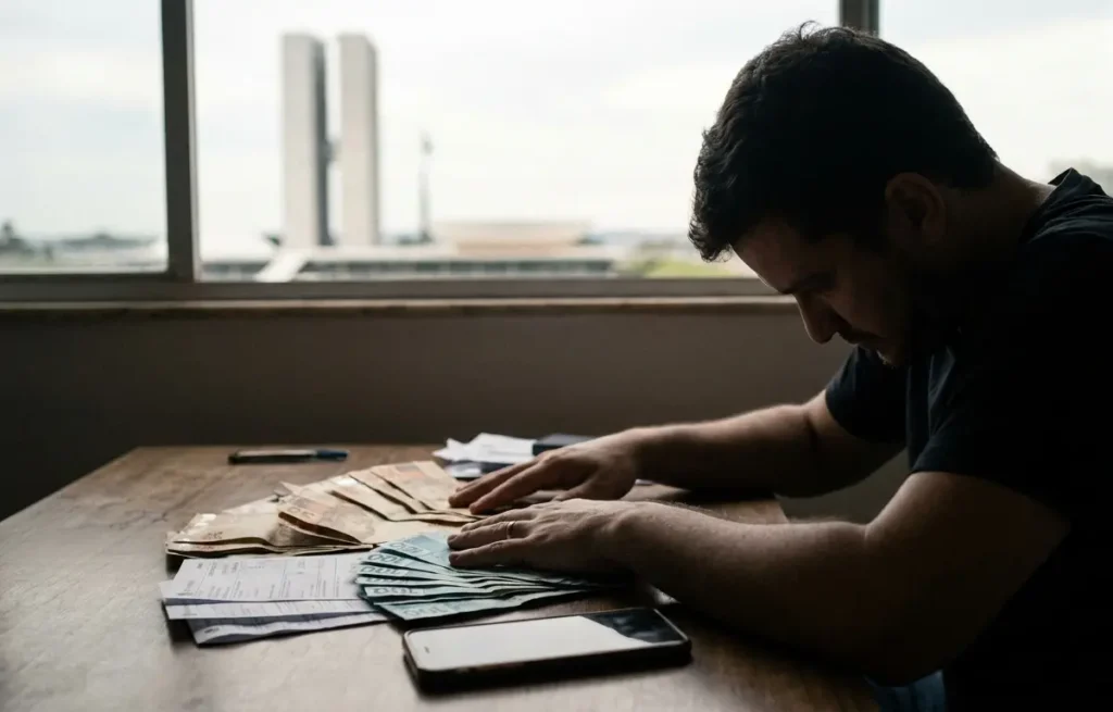 Pessoa de costas à mesa com celular virado e notas de real espalhadas