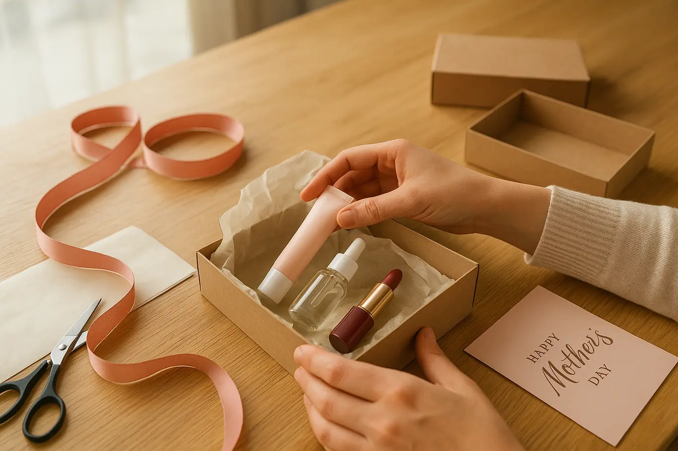 Mãos montando um kit de beleza sobre mesa com papel de seda e fita.