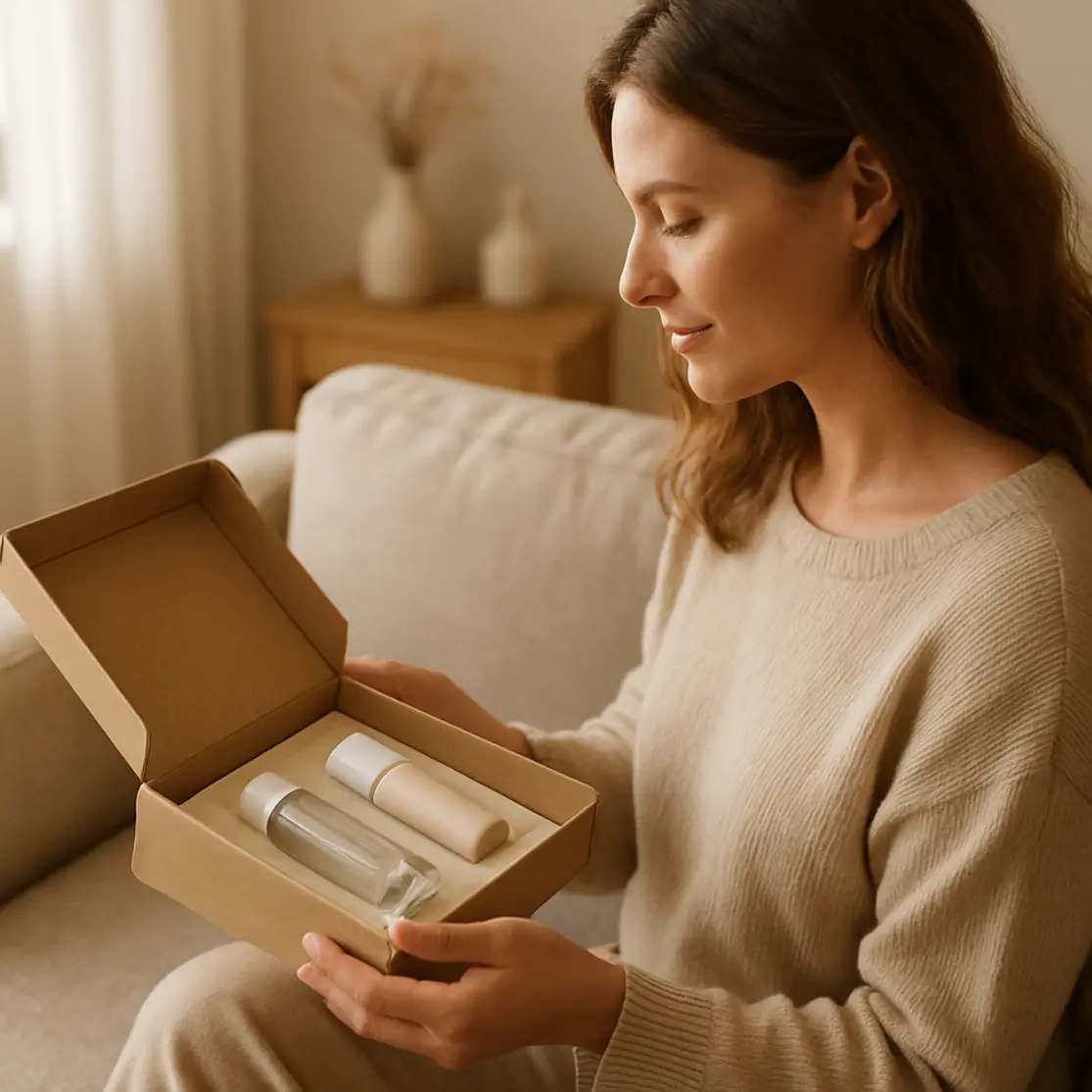 Mãe em perfil 3/4 recebendo kit beleza no sofá, produtos à vista.