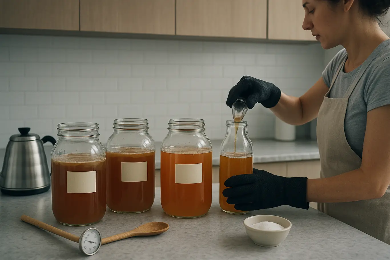 Bancada ampla com frascos de kombucha em diferentes estágios e mãos organizando garrafas
