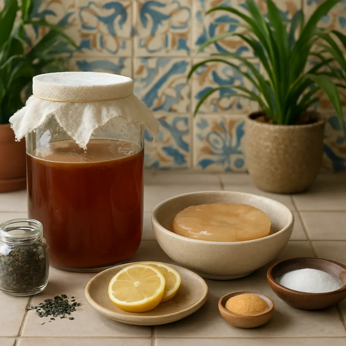 Cantinho de fermentação com frasco coberto, SCOBY em prato e potes de ingredientes