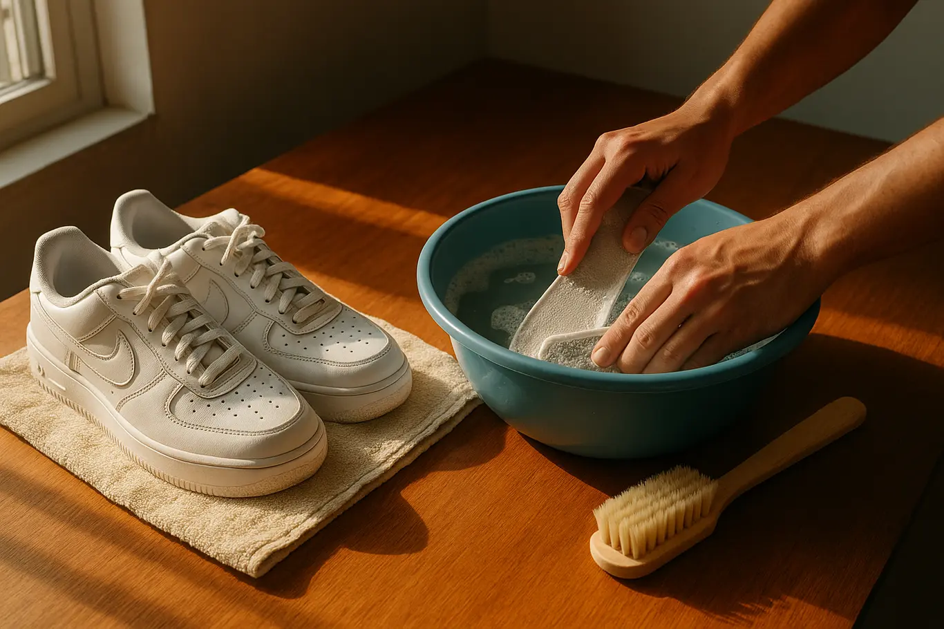 Mesa com tênis branco, bacia com água e palmilha sendo lavada