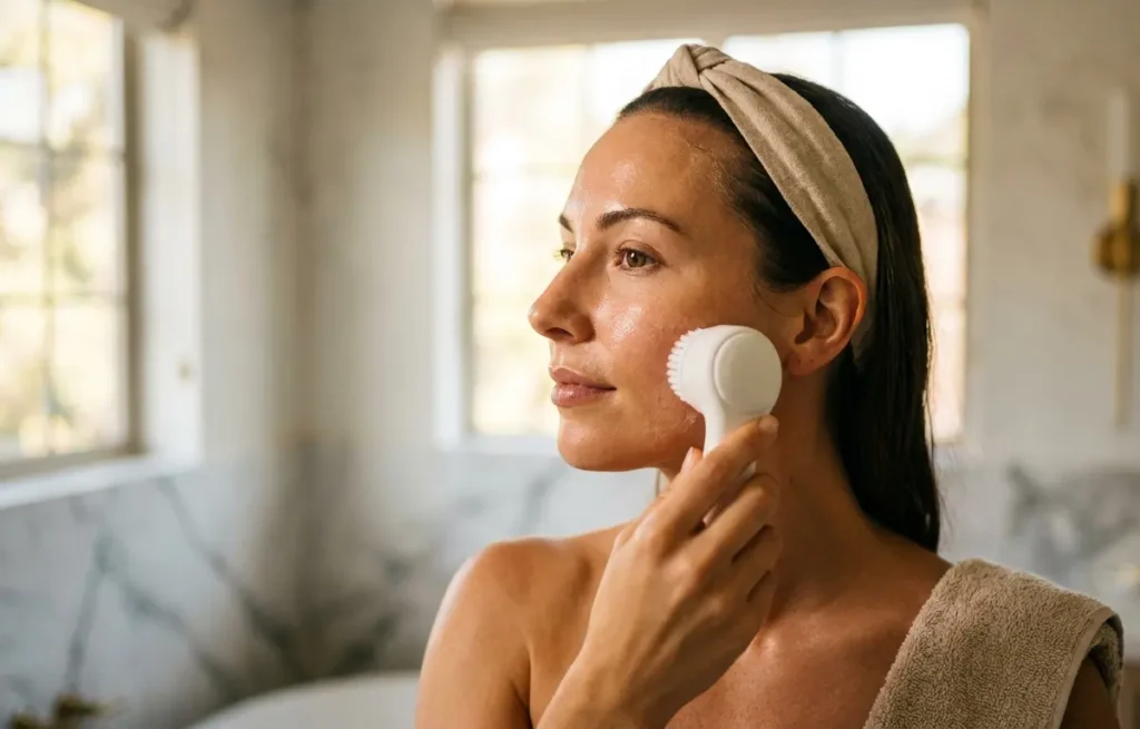 Mulher em 3/4 aplicando aparelho de limpeza facial em banheiro elegante