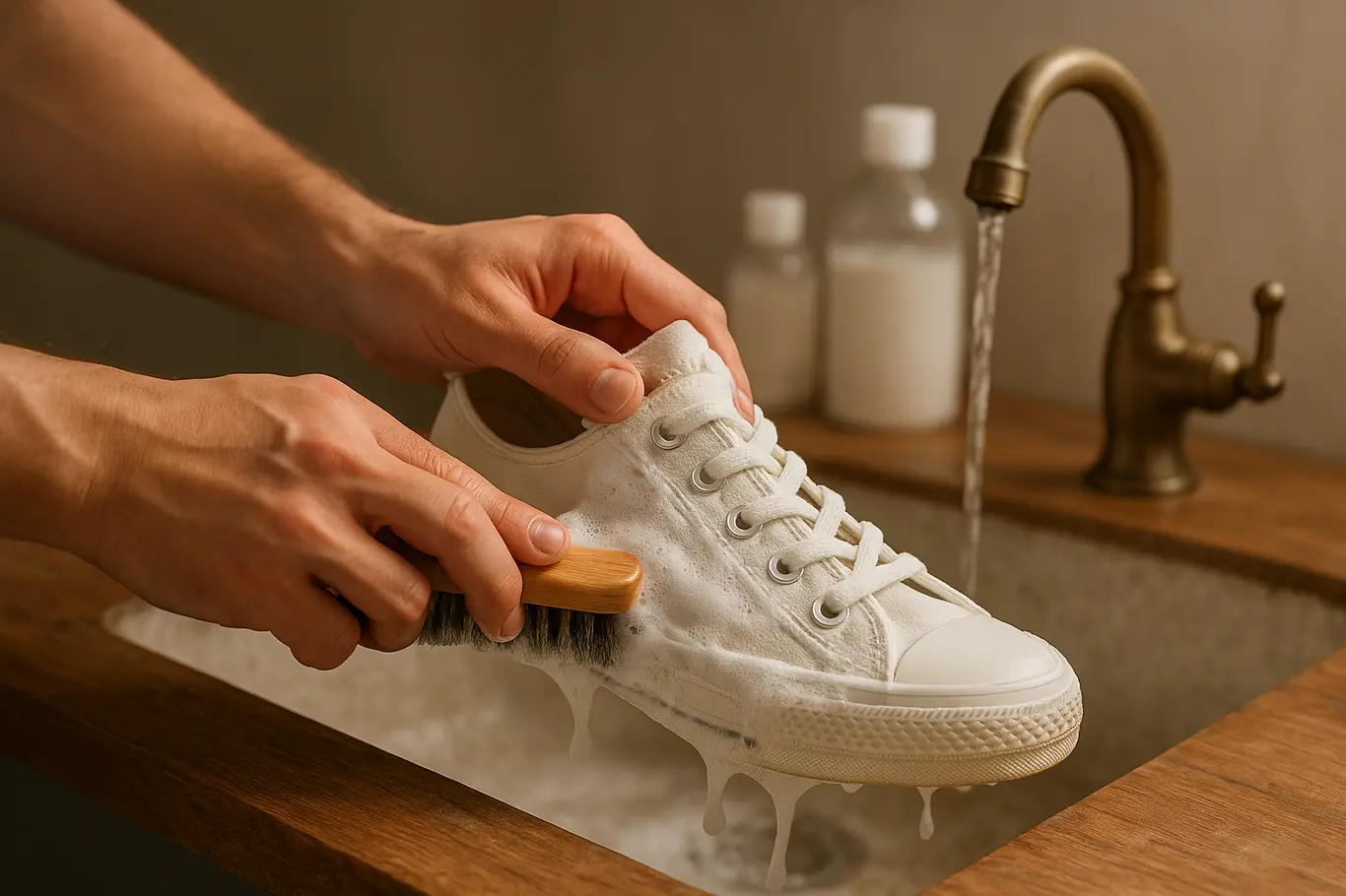 Mãos lavando tênis branco de lona com escova sobre pia, espuma nas costuras