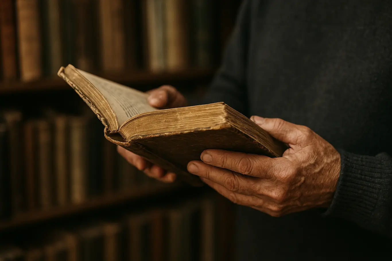 Detalhe das mãos do livreiro manuseando livro antigo