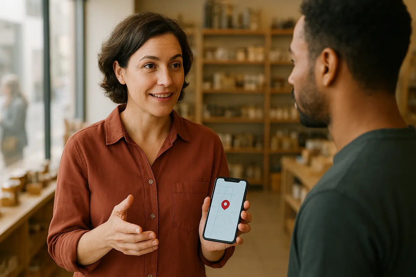 Dono de empresa em 3/4 mostrando smartphone com mapa para funcionário dentro da loja