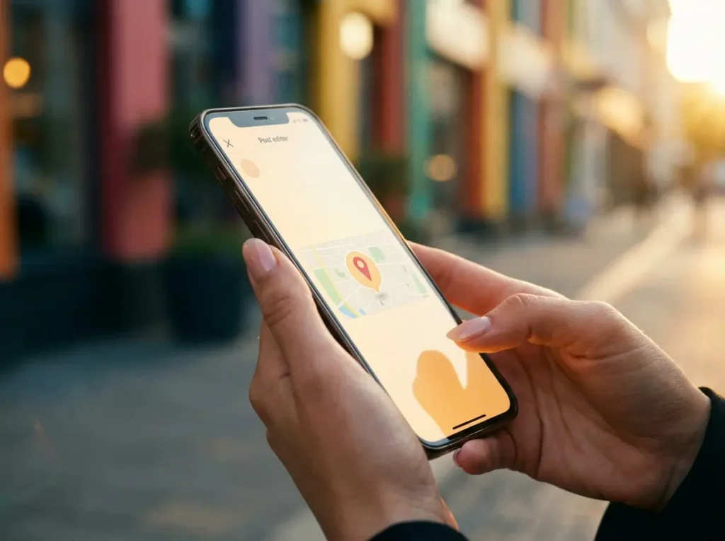 Como colocar a localização da minha empresa no Instagram e ser vista Close-up de mãos segurando smartphone com mapa e marcador de localização em tela, fundo de fachada desfocado