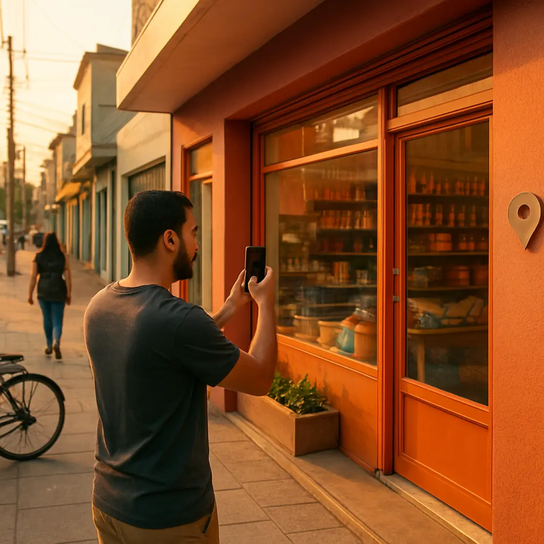 Fachada de loja urbana com empreendedor fotografando a frente para adicionar localização