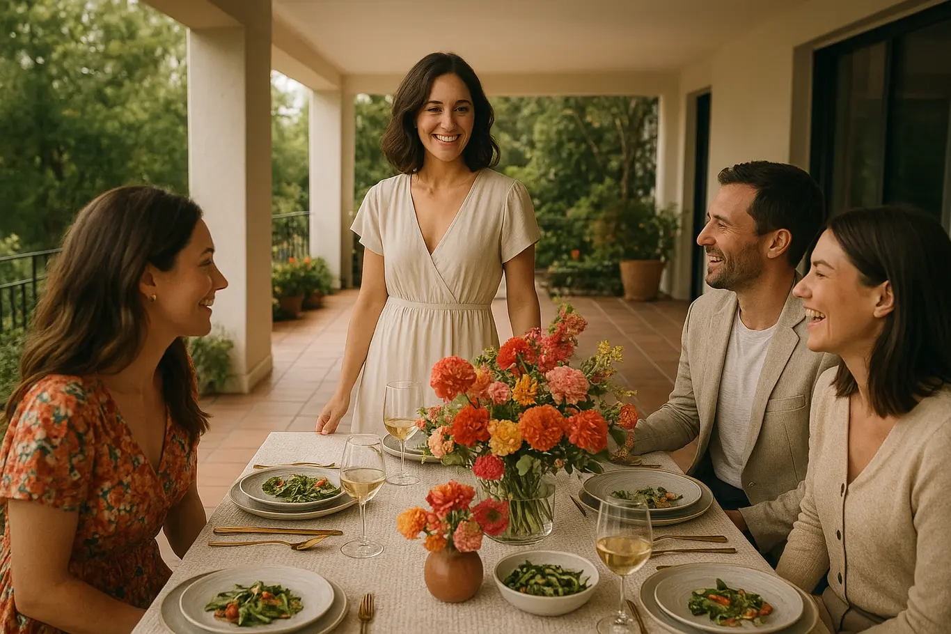 Cena aberta do almoço Dia das Mães mostrando anfitriã em 3/4 e mesa decorada com flores
