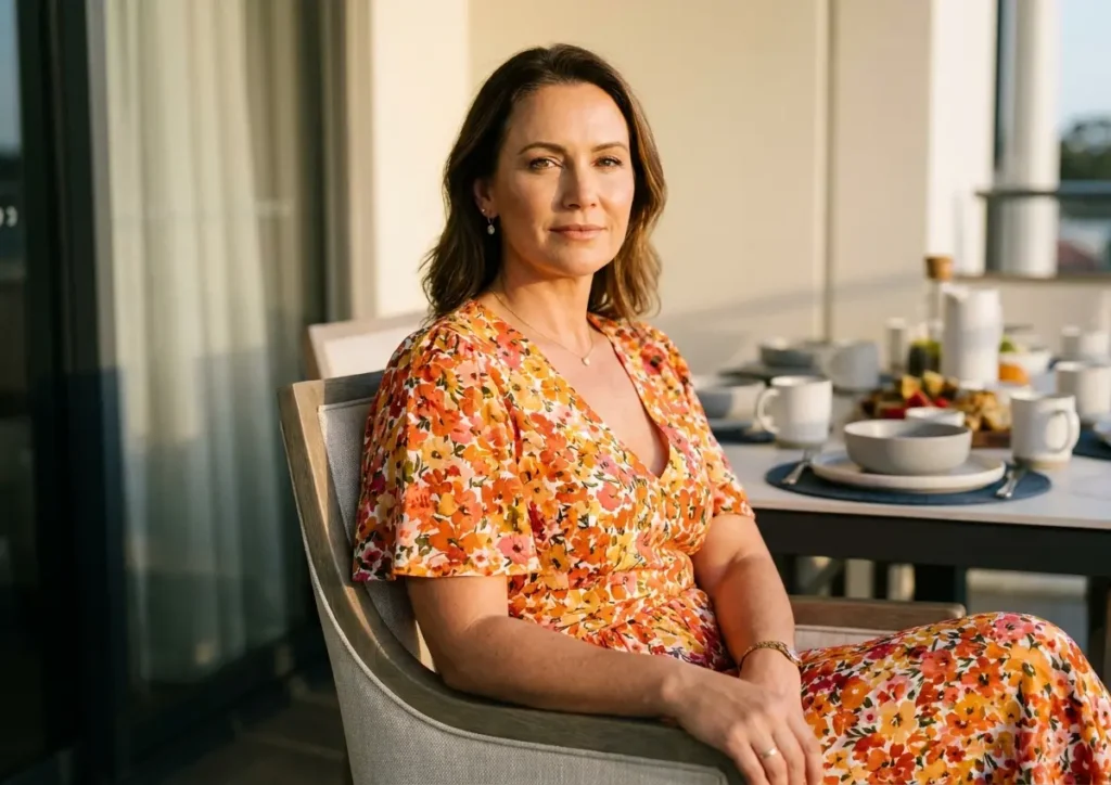 Mulher em 3/4 na varanda com vestido midi floral, luz dourada, mesa posta ao fundo