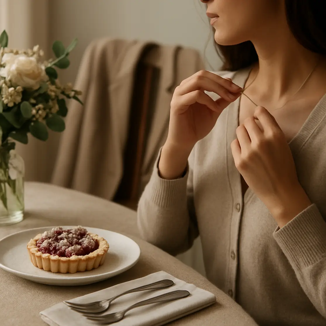 Mãos em perfil ajustando colar com mesa decorada e sobremesa, foco em detalhes