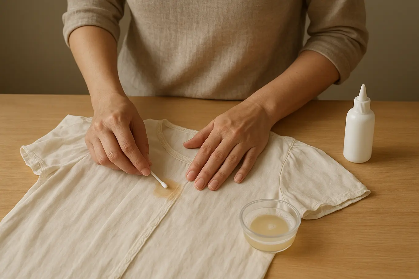 Plano médio de mãos aplicando removedor com cotonete em blusa apoiada em tábua