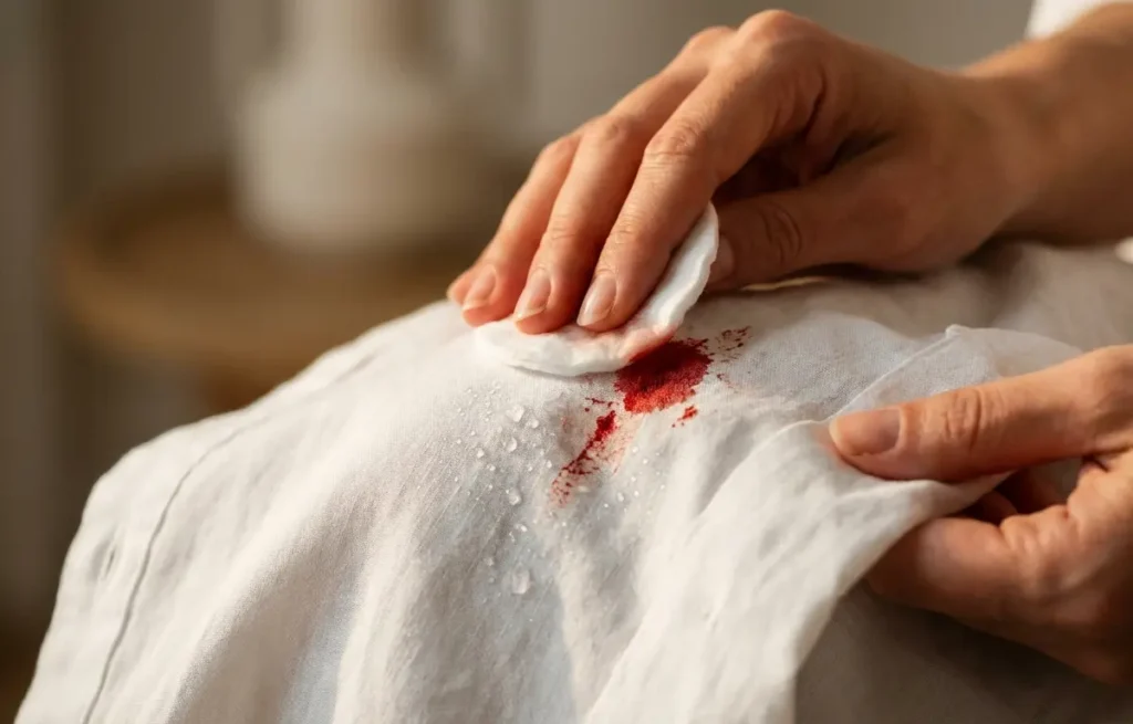 Close-up de mãos aplicando algodão em mancha de sangue na camisa branca