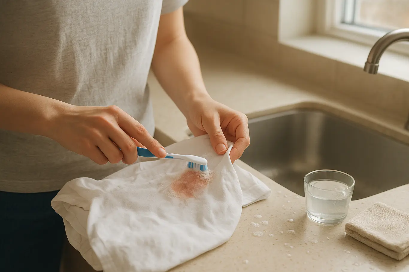 Mãos esfregando mancha de tinta numa camisa sobre pia com escova de dentes.