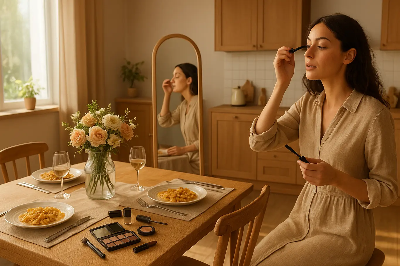 Cena aberta da cozinha-jantar com mulher se maquiando junto à mesa posta e flores