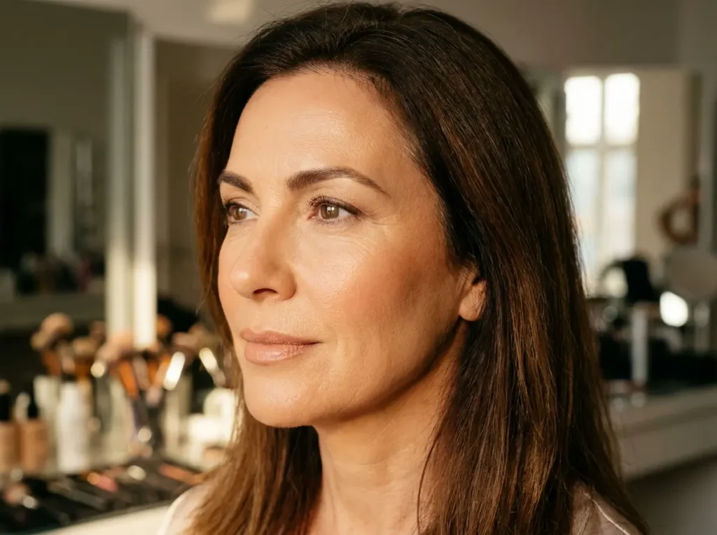 Mulher de meia-idade em 3/4 com maquiagem natural e acabamento luminoso, tons quentes.