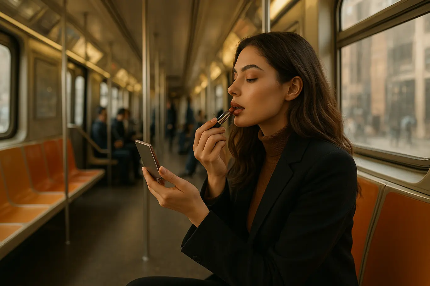 Cena ampla no interior do metrô com mulher aplicando batom, passageiros desfocados