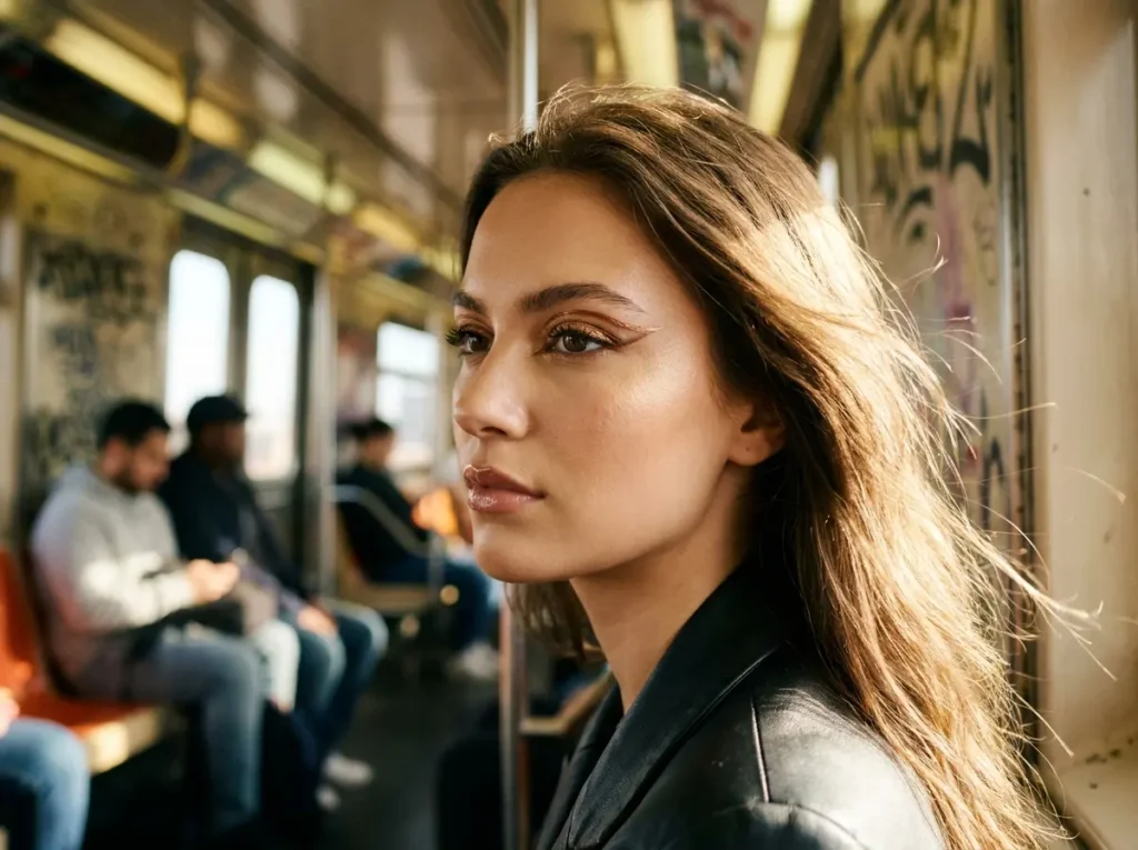 Mulher em 3/4 no vagão do metrô com maquiagem vibrante tendência 2026