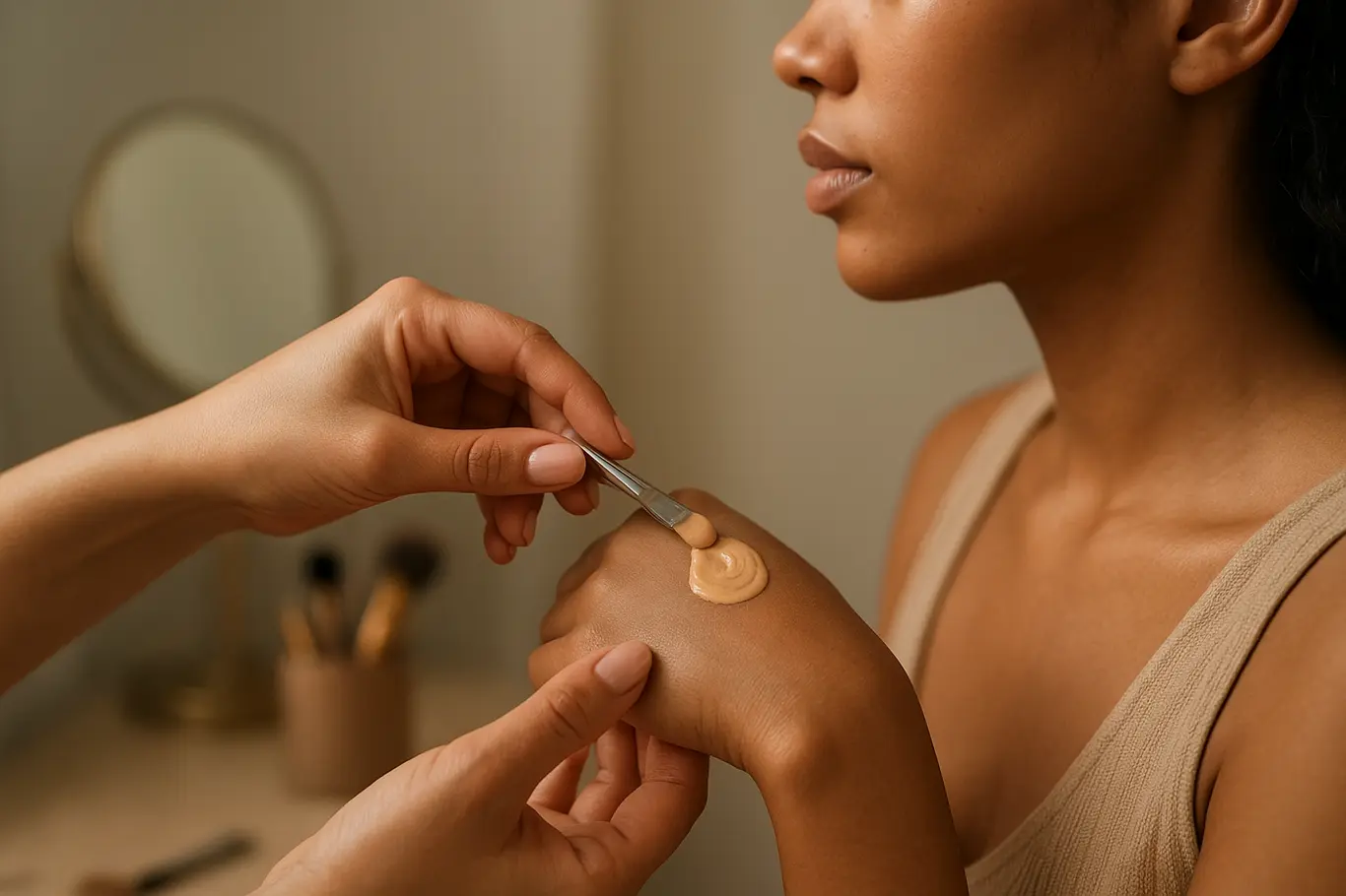 Modelo em 3/4 enquanto maquiador mistura iluminador e base na mão, luz de janela suave