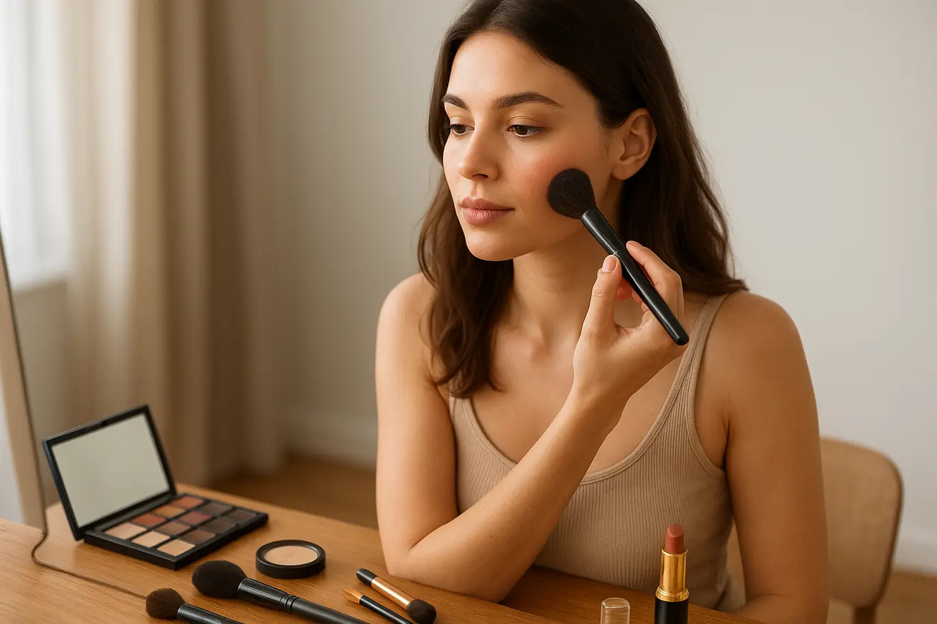 Plano médio de mulher em 3/4 aplicando blush com pincel, bancada de maquiagem ao fundo