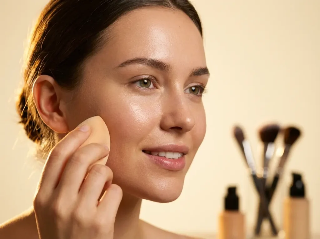 Maquiagem Natural para Iniciantes: O Passo a Passo Mais Simples Close-up editorial de mulher em perfil 3/4 aplicando base com esponja, pele natural e luz quente