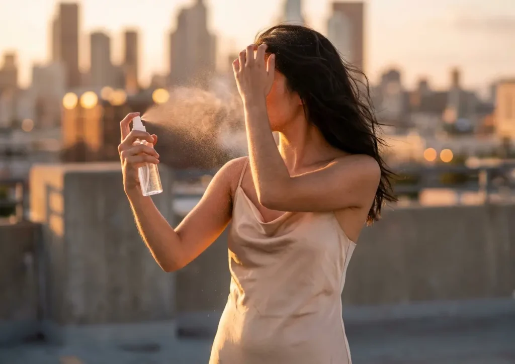 Mulher na cobertura aplicando spray fixador ao pôr do sol, rosto não visível